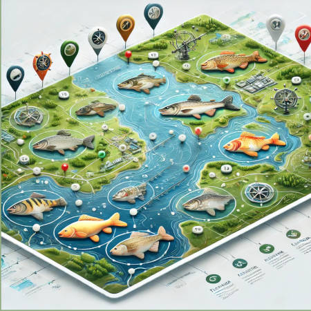 Illustrated map of top fishing hotspots with icons for different fish species, water bodies, and access points.