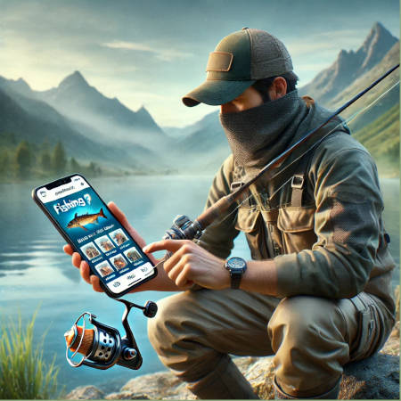 Angler using Fishlogbook app on a smartphone while fishing by a scenic lake with mountains in the background.